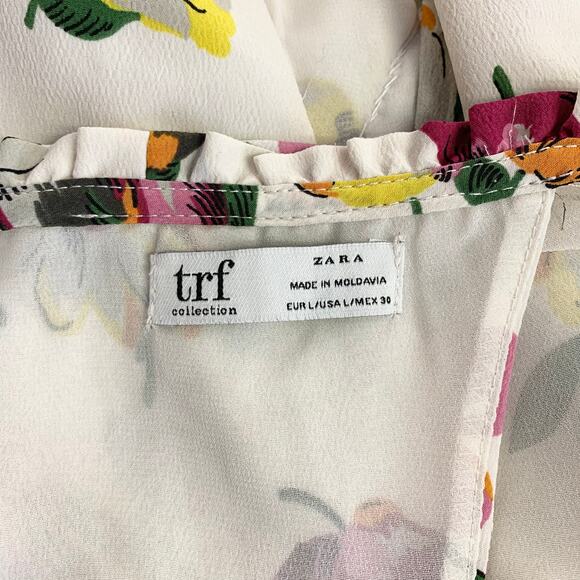 ZARA Floral Balloon Sleeve Blouse Faux Wrap Ruffle Trim Cropped Top - Picture 10 of 12